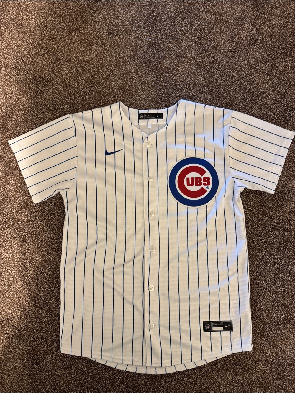 Nike White and Blue Pinstripe Baseball Jersey with Red Accent- Cubs